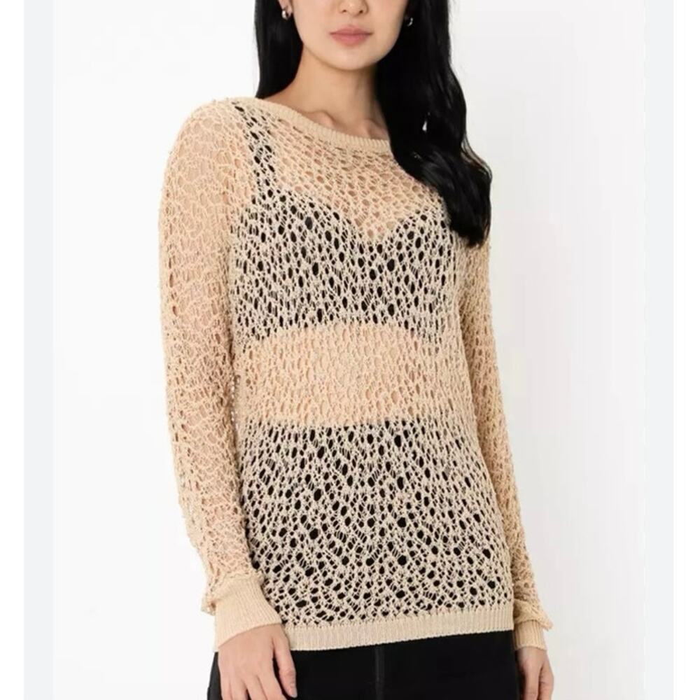 ZARA Beige Crochet Knit Sweater Open Weave Long Sleeve Pullover M EUC Boho